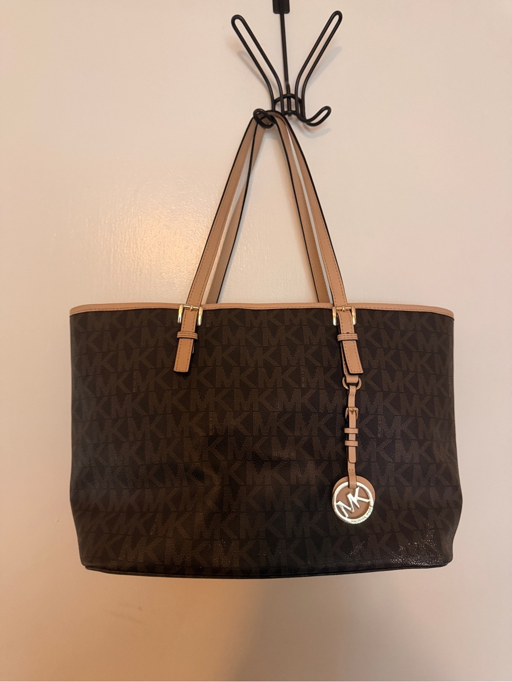 Michael Kors Brown Signature MK Large Tote with Tan Trim